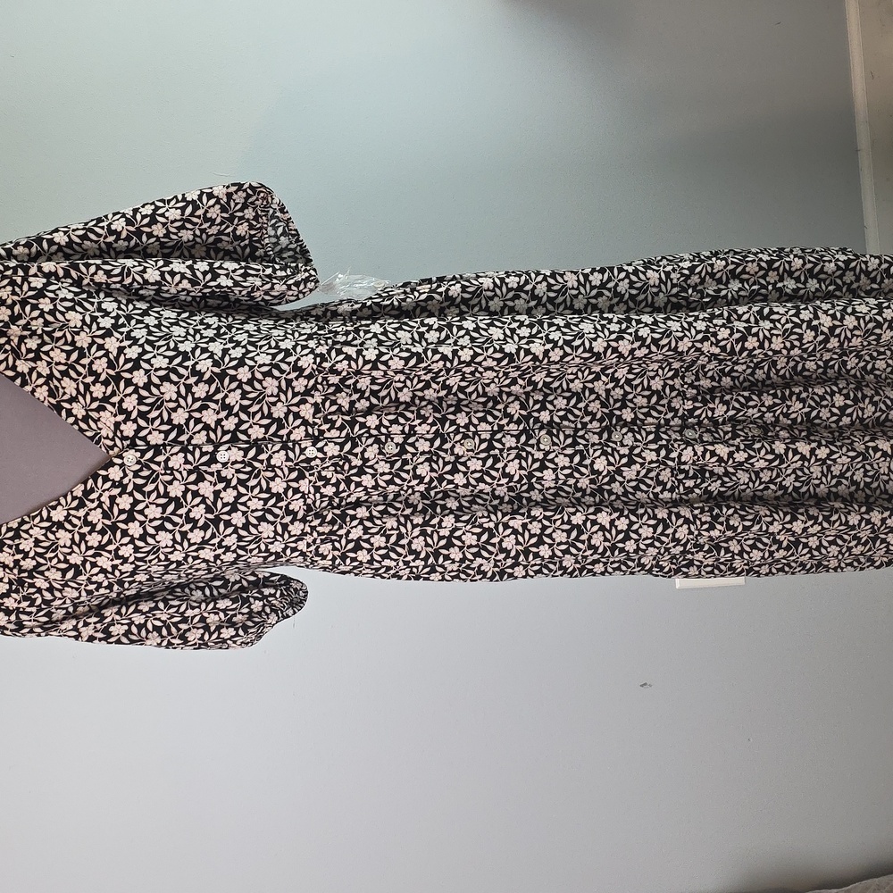 Sonoma Button Front Midi Linen dress black white floral with pockets PM